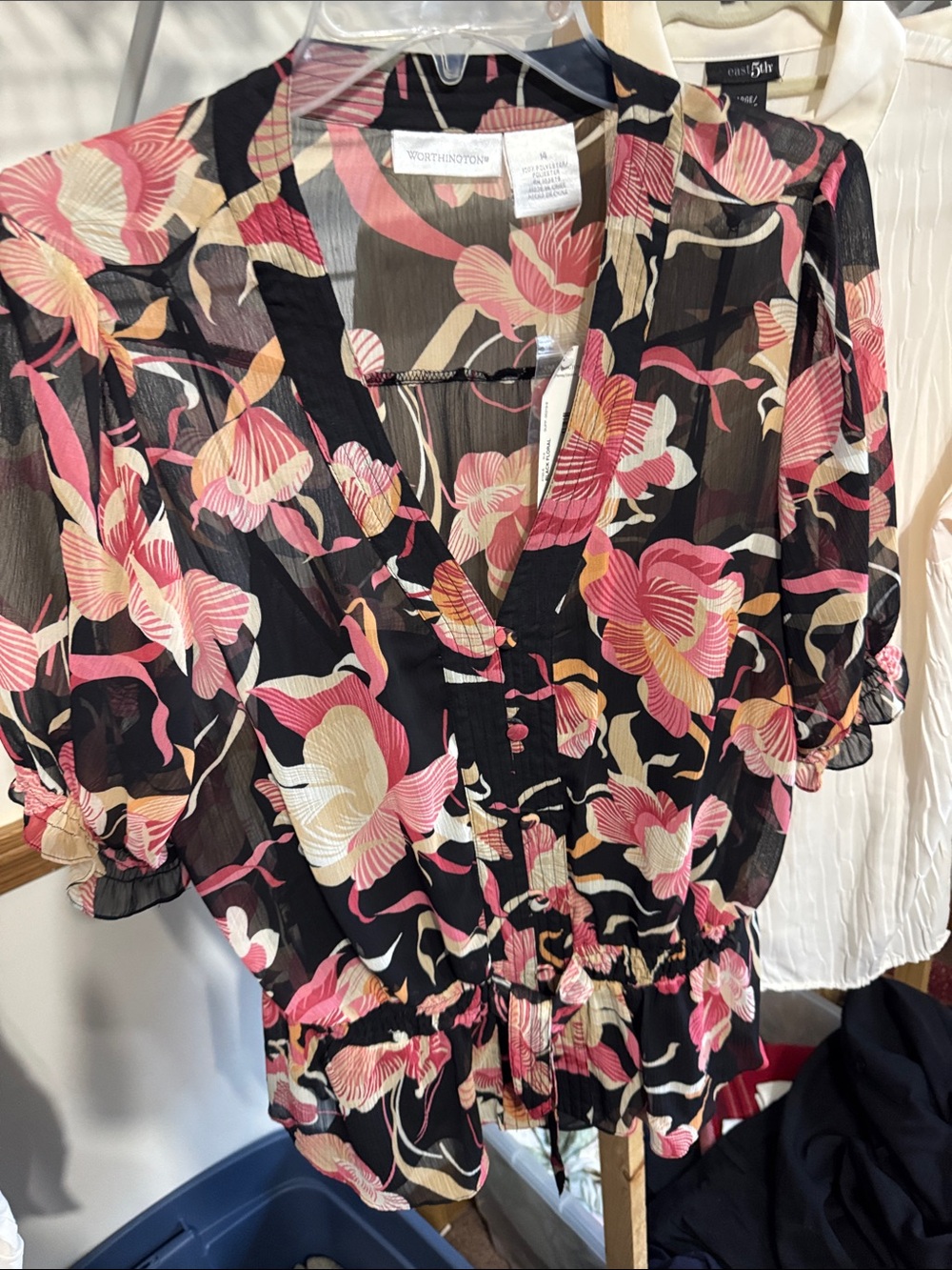 Worthington Black Floral Midi Dress with Pink & Cream Blooms NWT